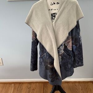 Johnny Was Floral Patterned Women's Hooded Fleece Sweater - Blue and Cream